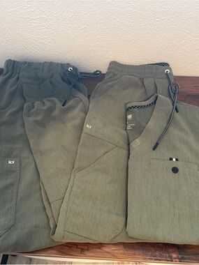 Olive Green / Gray Scrub Pants (2) and V-Neck top